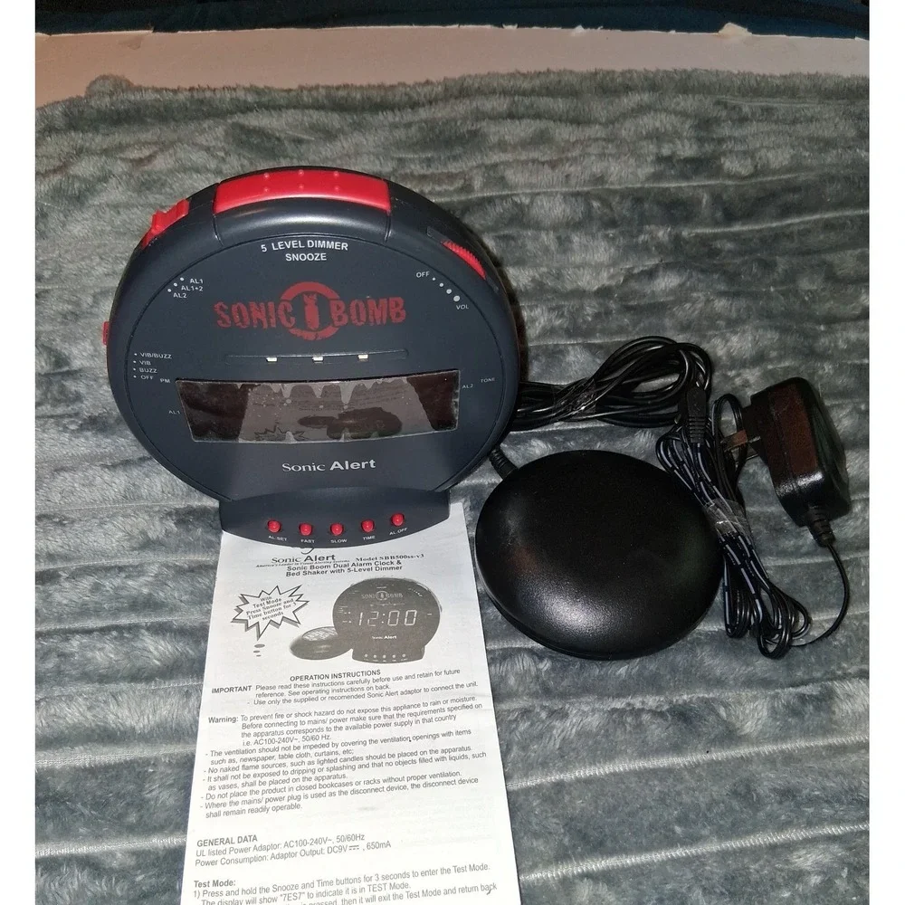 Sonic Bomb Alarm Clock with Bed Shaker - Black - NEW without box Model SBB500SS